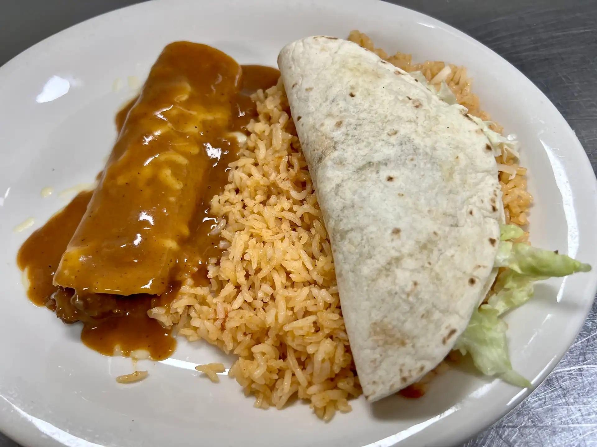 Beef Burrito, Beef Enchilada & Rice.