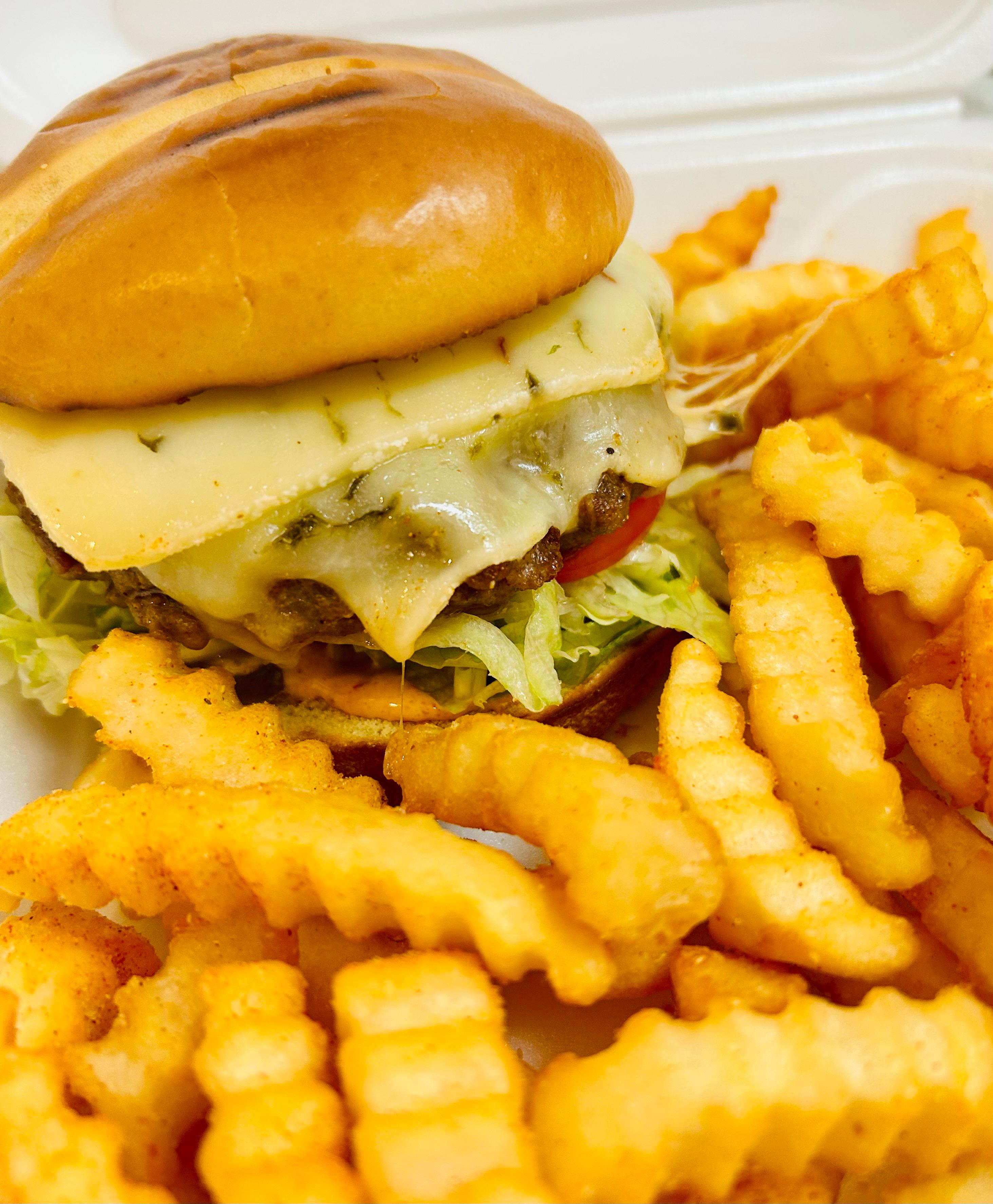 Spicy Cheeseburger w/ Fries.
