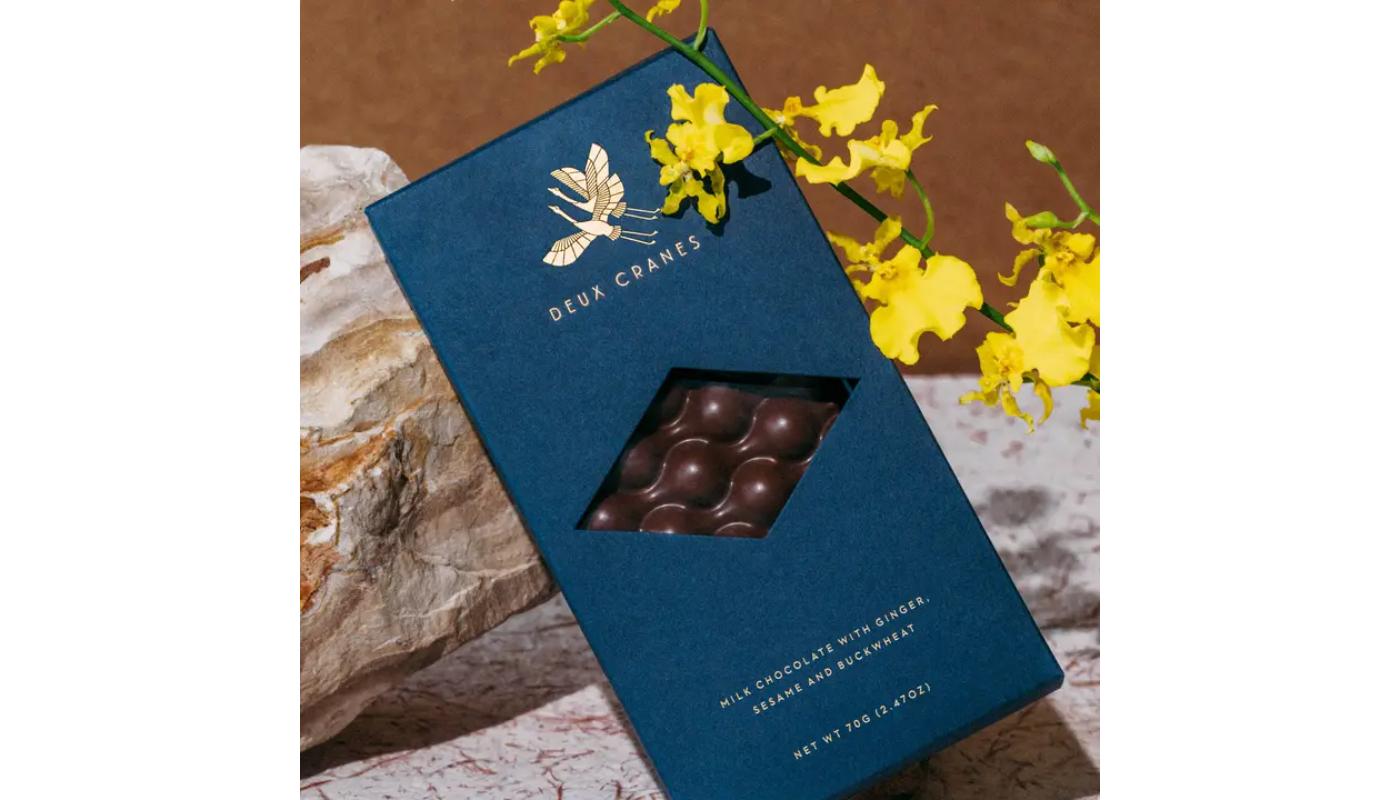 Deux Cranes Milk Chocolate with Ginger Sesame and Buckwheat.