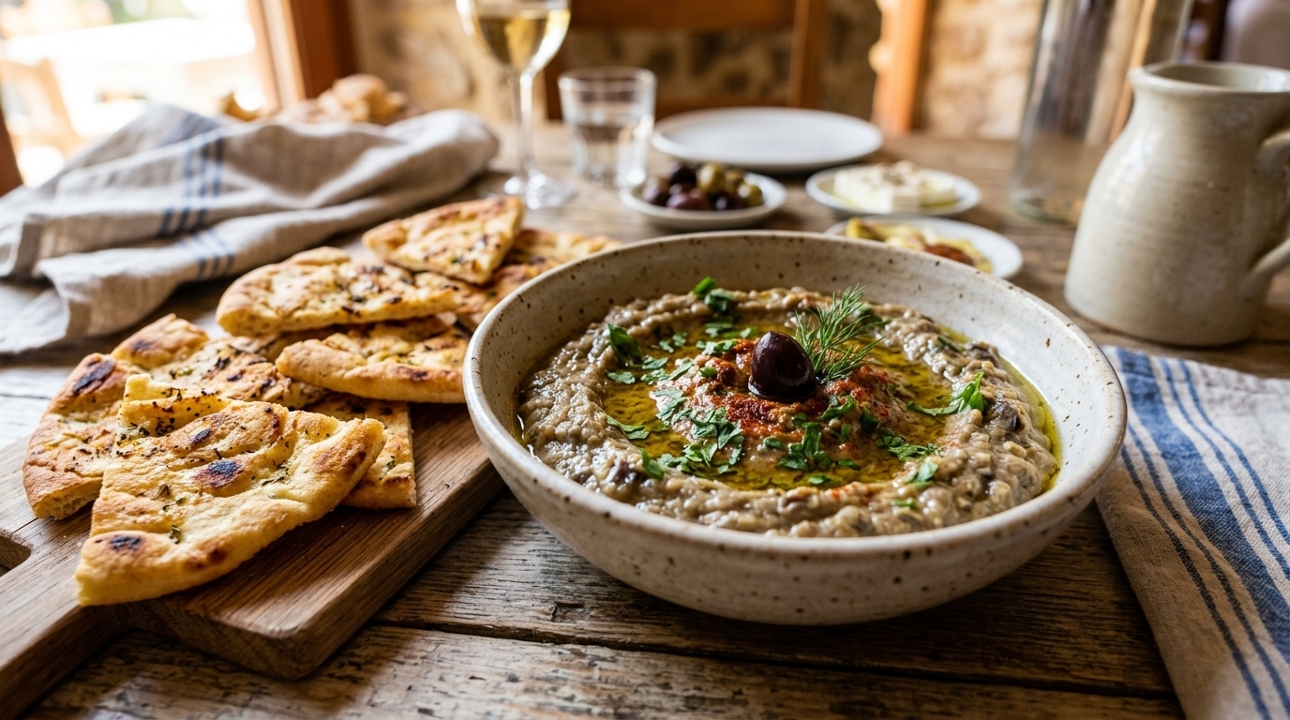 Eggplant Dip (Baba Ghanoush) with Toasted Pita Slices.