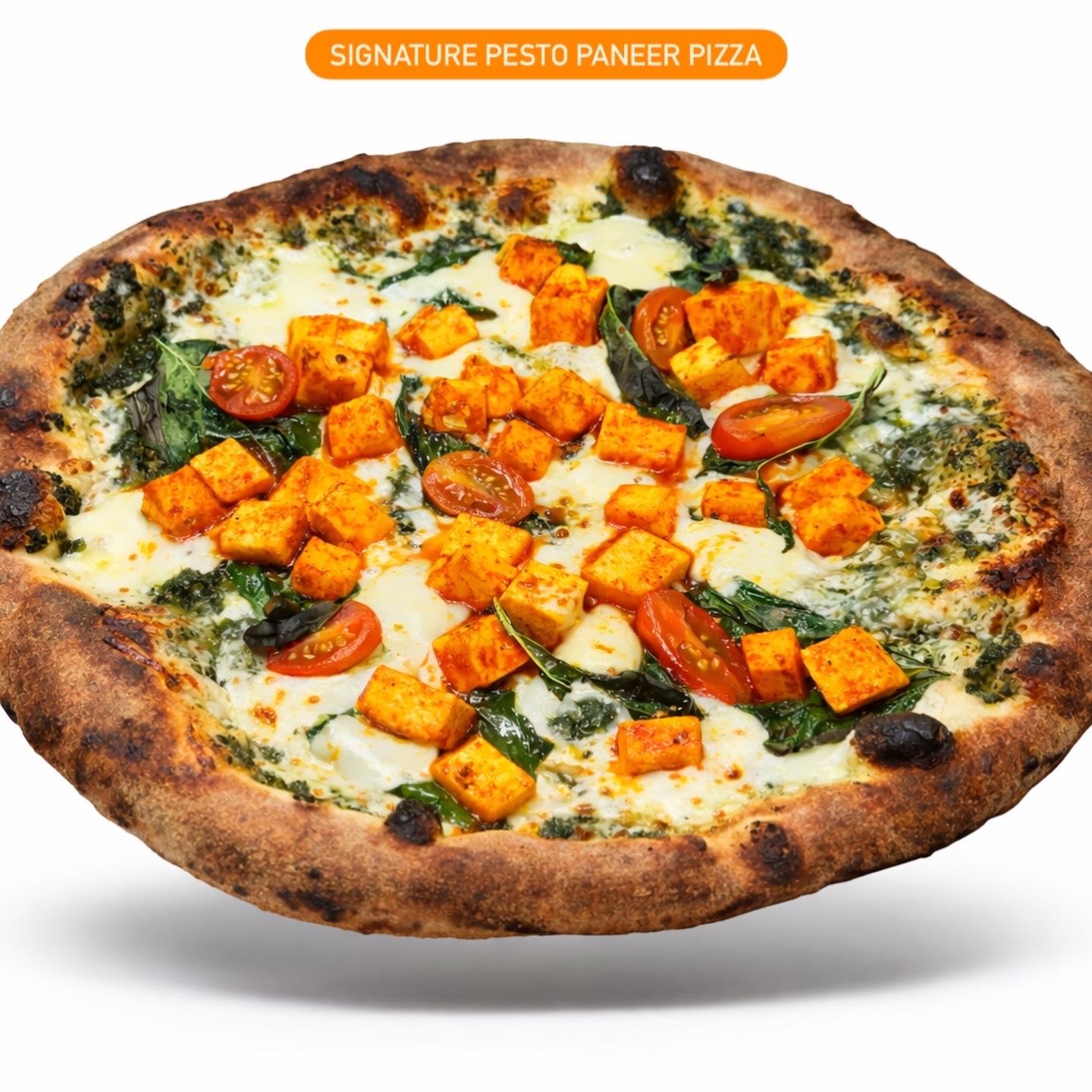 Signature Pesto Paneer Pizza.