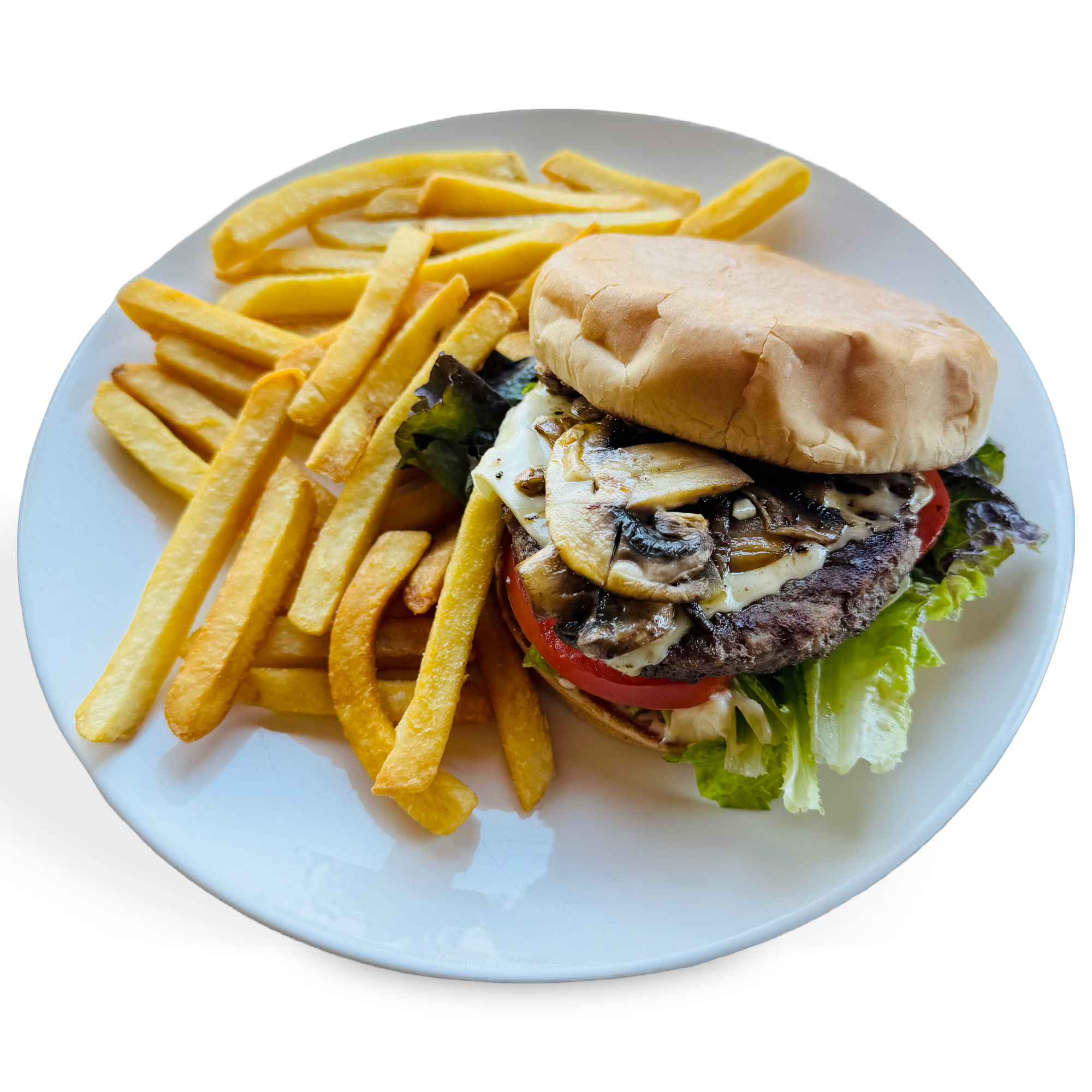 MUSHROOM & SWISS BURGER.