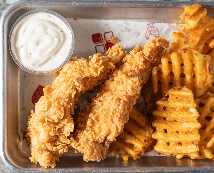 Crispy Chicken Tenders & Waffle Fries.