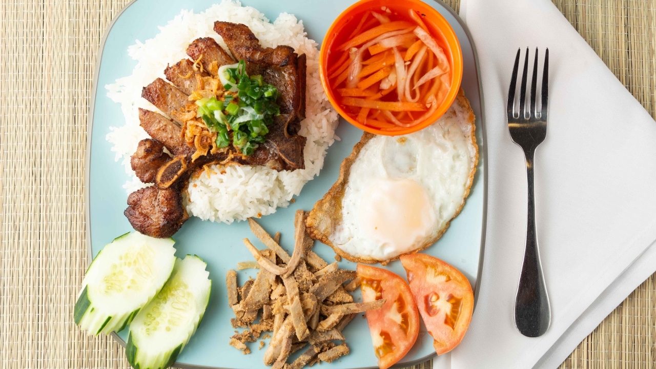 C2 Rice, Pork Chop, Shredded Pork & Egg - Com Suon Bì Trung.