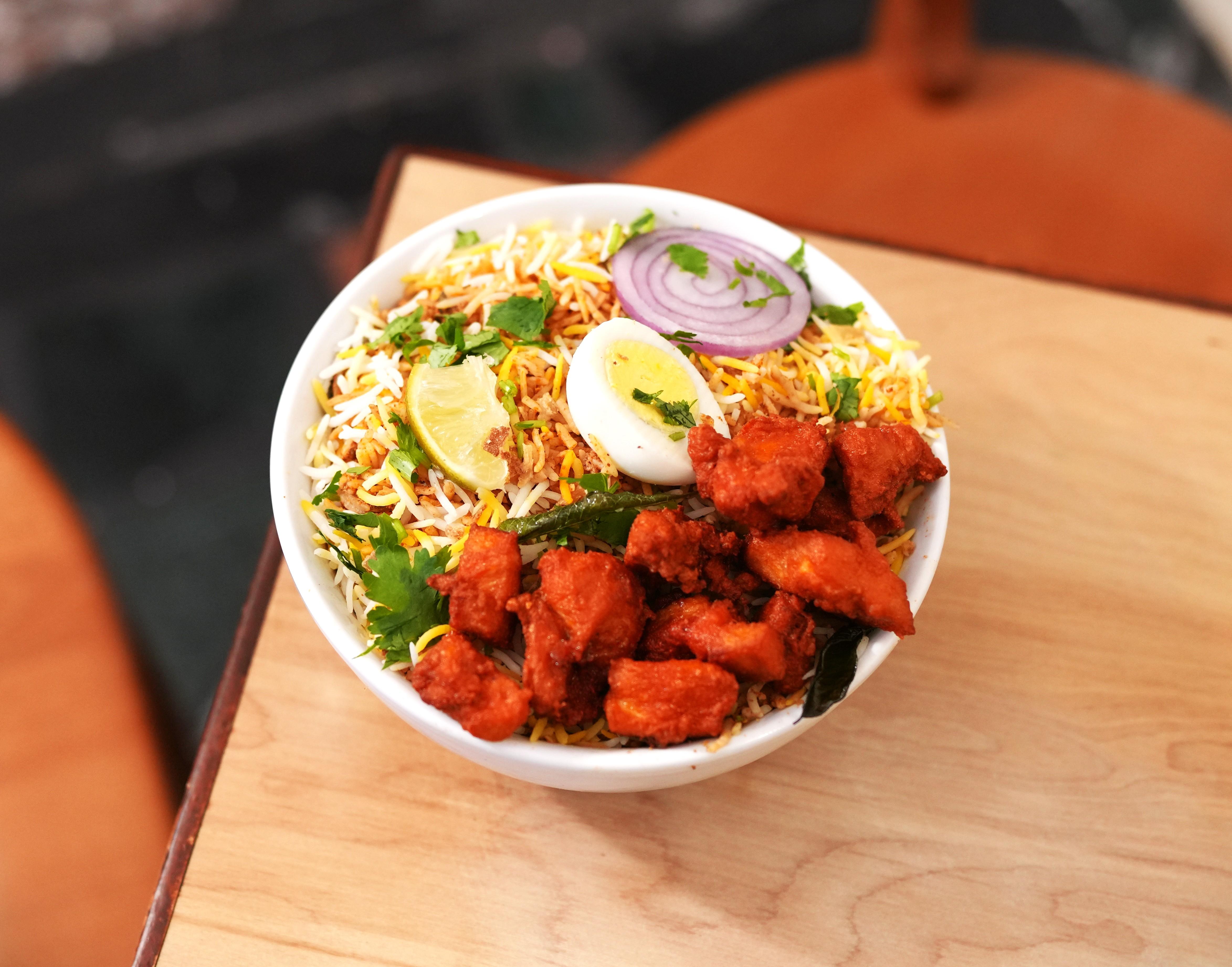 Hyderabadi Special Boneless Chicken 65 Biryani.