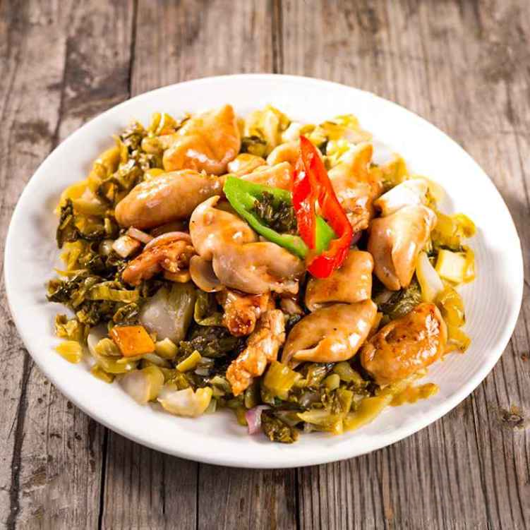 PK11. 酸菜炒大腸/Stir-Fried Pork Intestine w. Preserved Mustard Green.