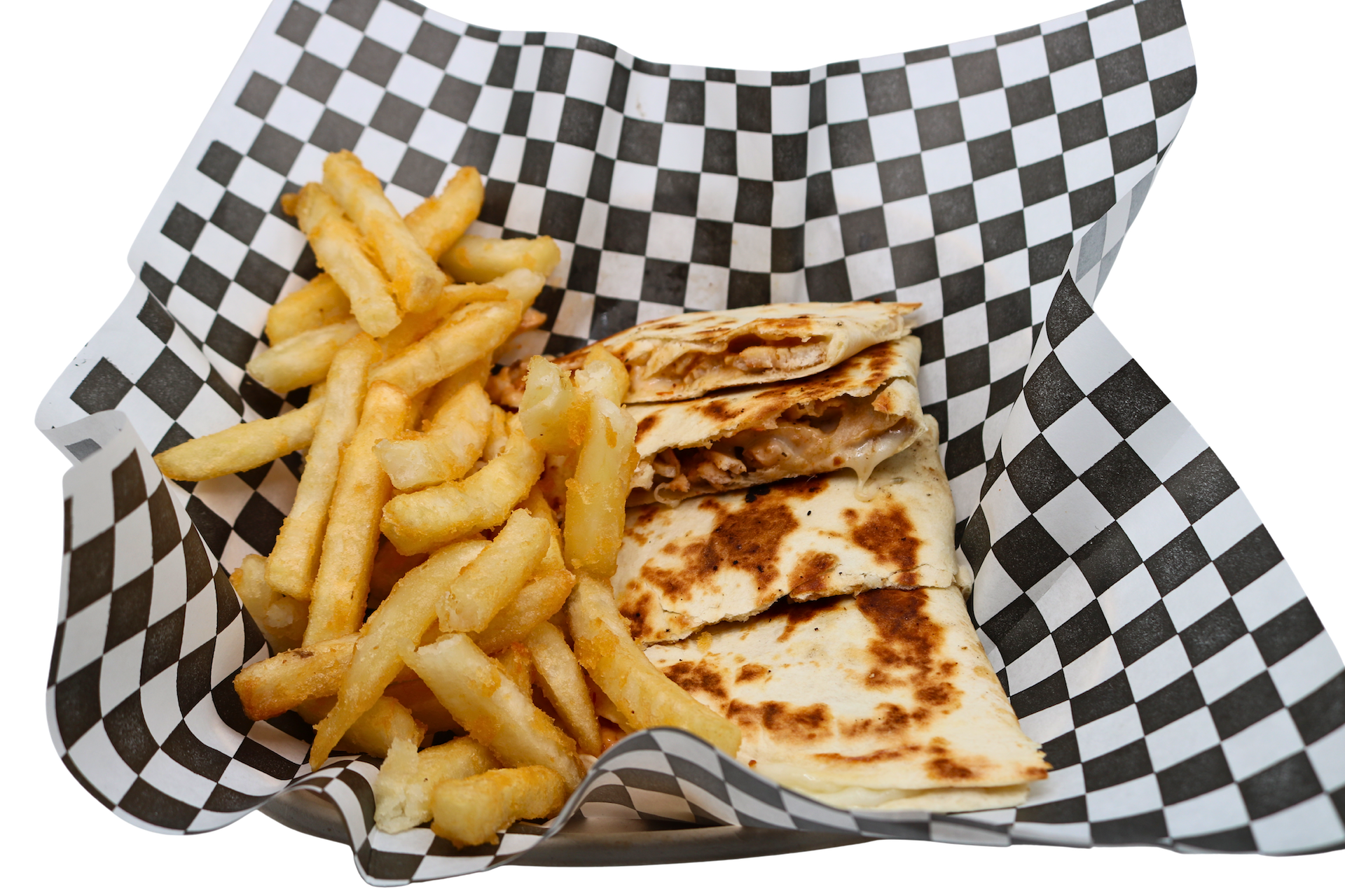 Chicken Shawarma Quesadilla With Fries.