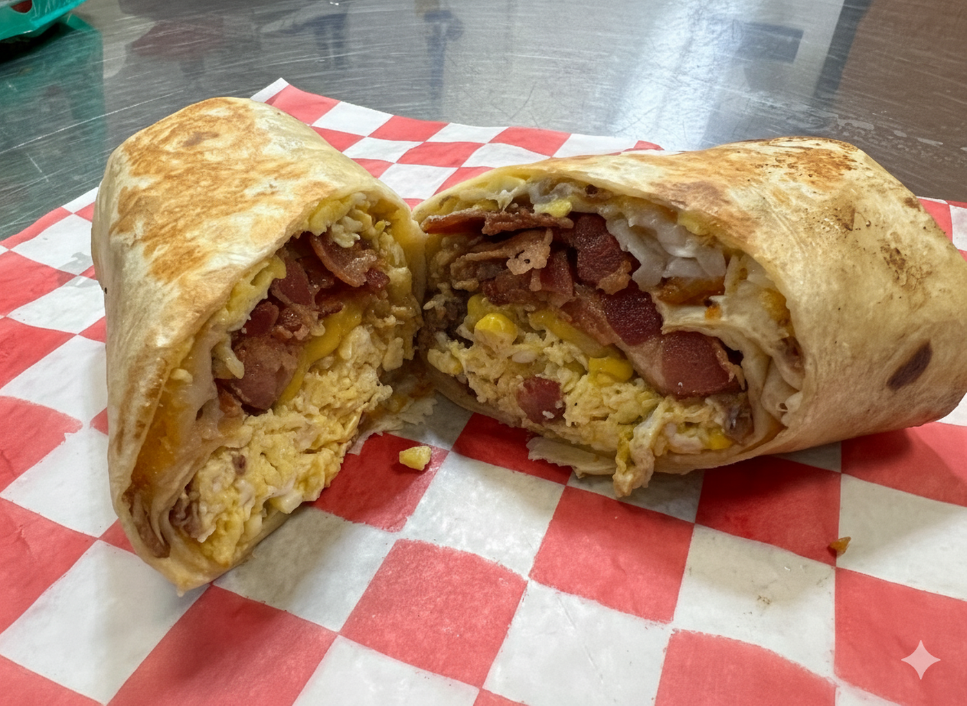 Bacon, Egg, and Potato Burrito.