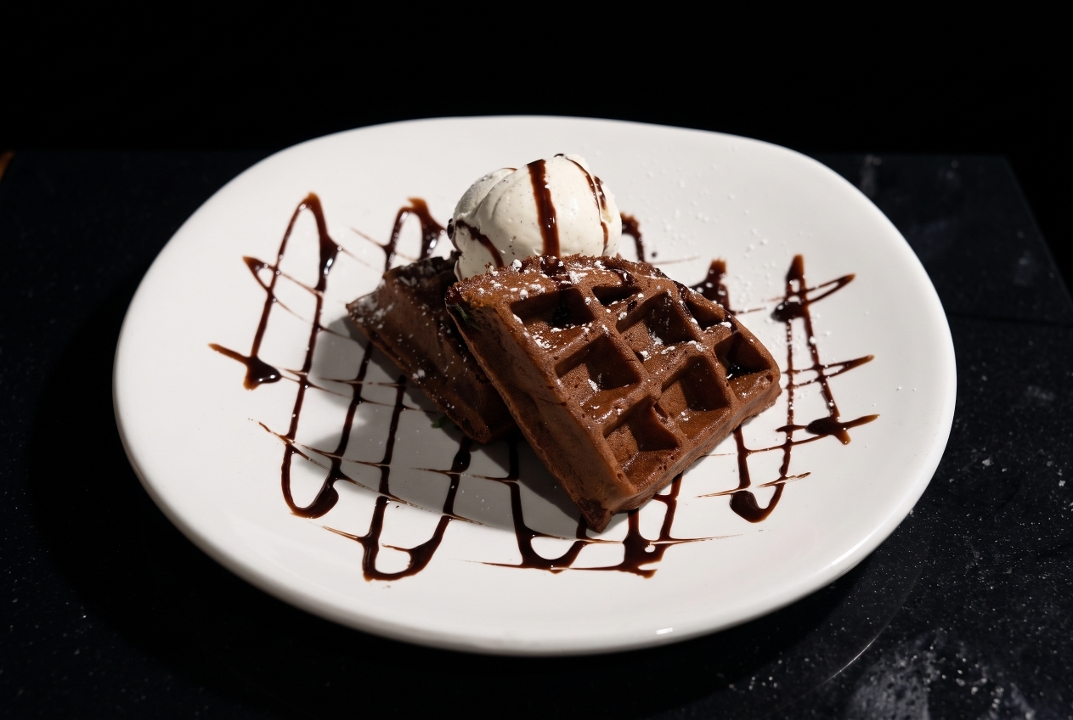 Fudge Brownie Waffle with Vanilla Ice Cream.
