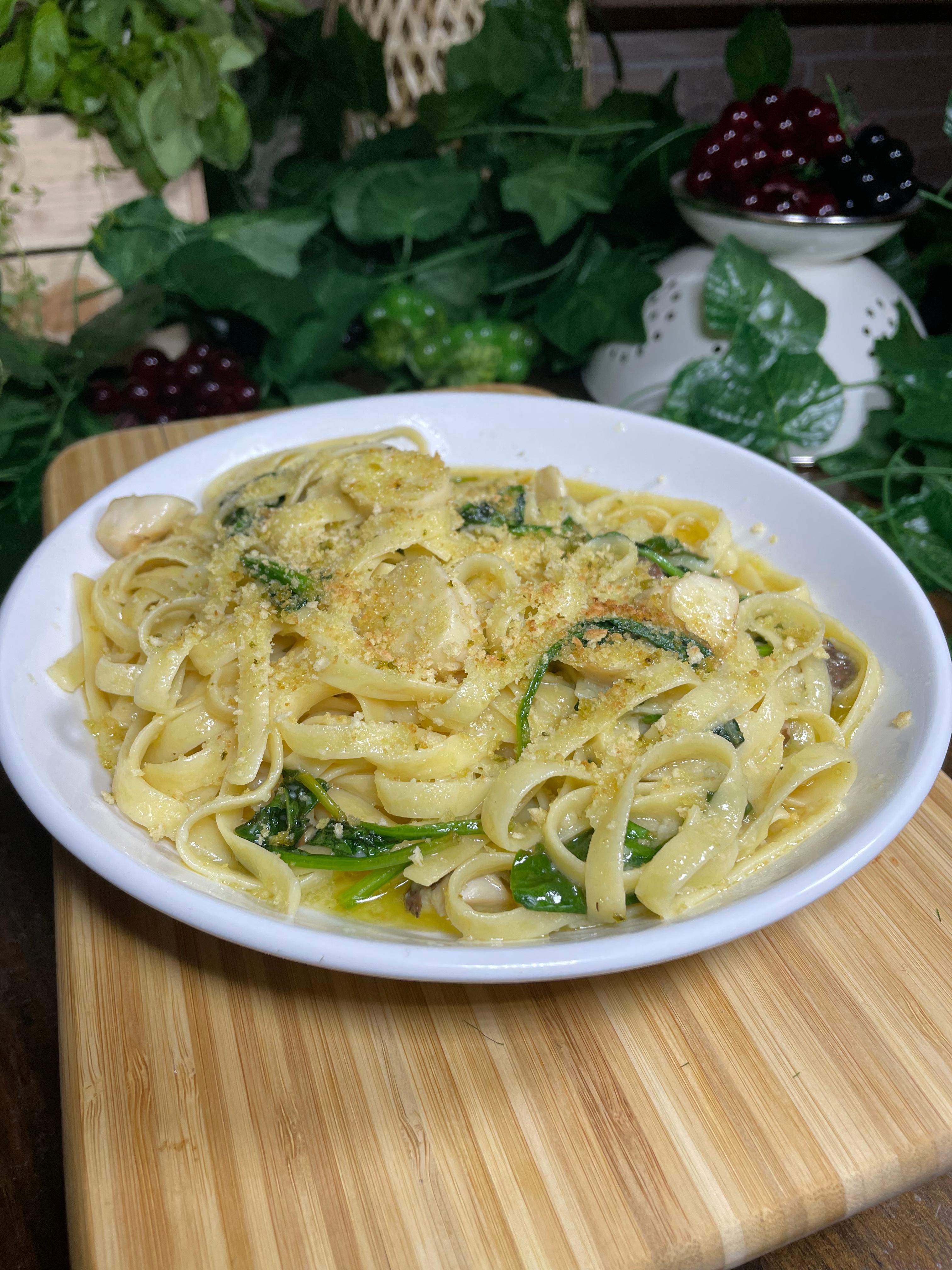 Half Pan Oyster Mushroom Scallops With White Wine Sauce.