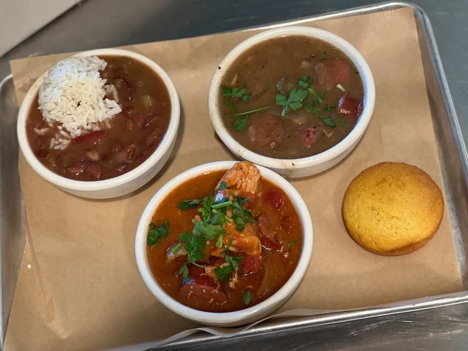 Tasty 3 ( 3 (12oz)cups ) Jambalaya, po man Gumbo, Red Beans.
