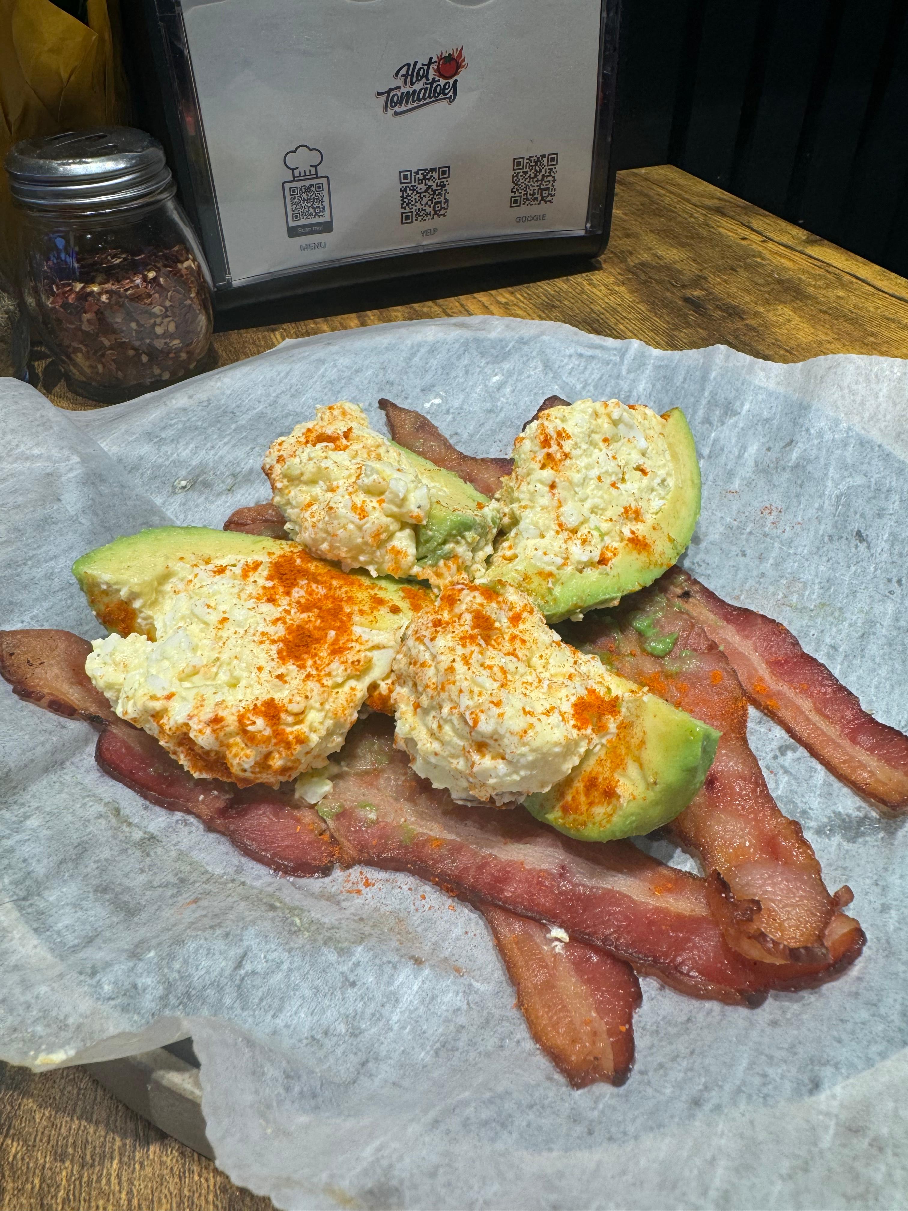 Egg salad stuffed avocados.