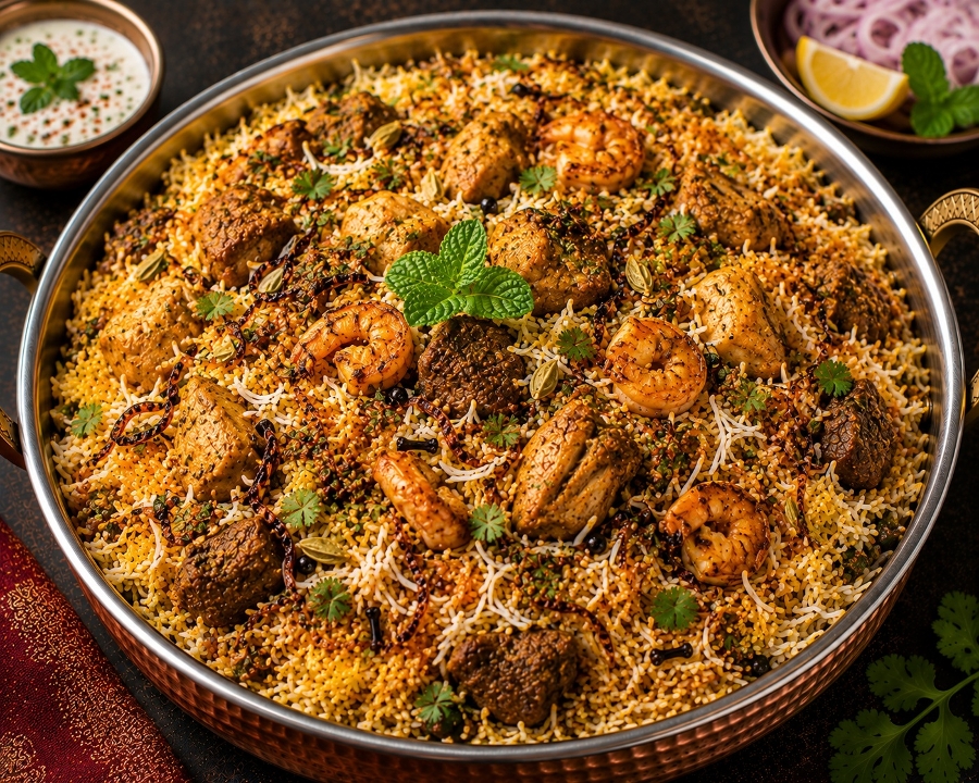 Maharaja Biryani (chicken, goat & shrimp).