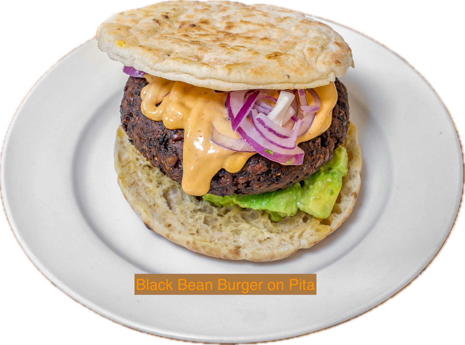Black Bean Falafel Burger Avocado Hummus, Chipotle Mayonnaise & Pickled Onions (V).