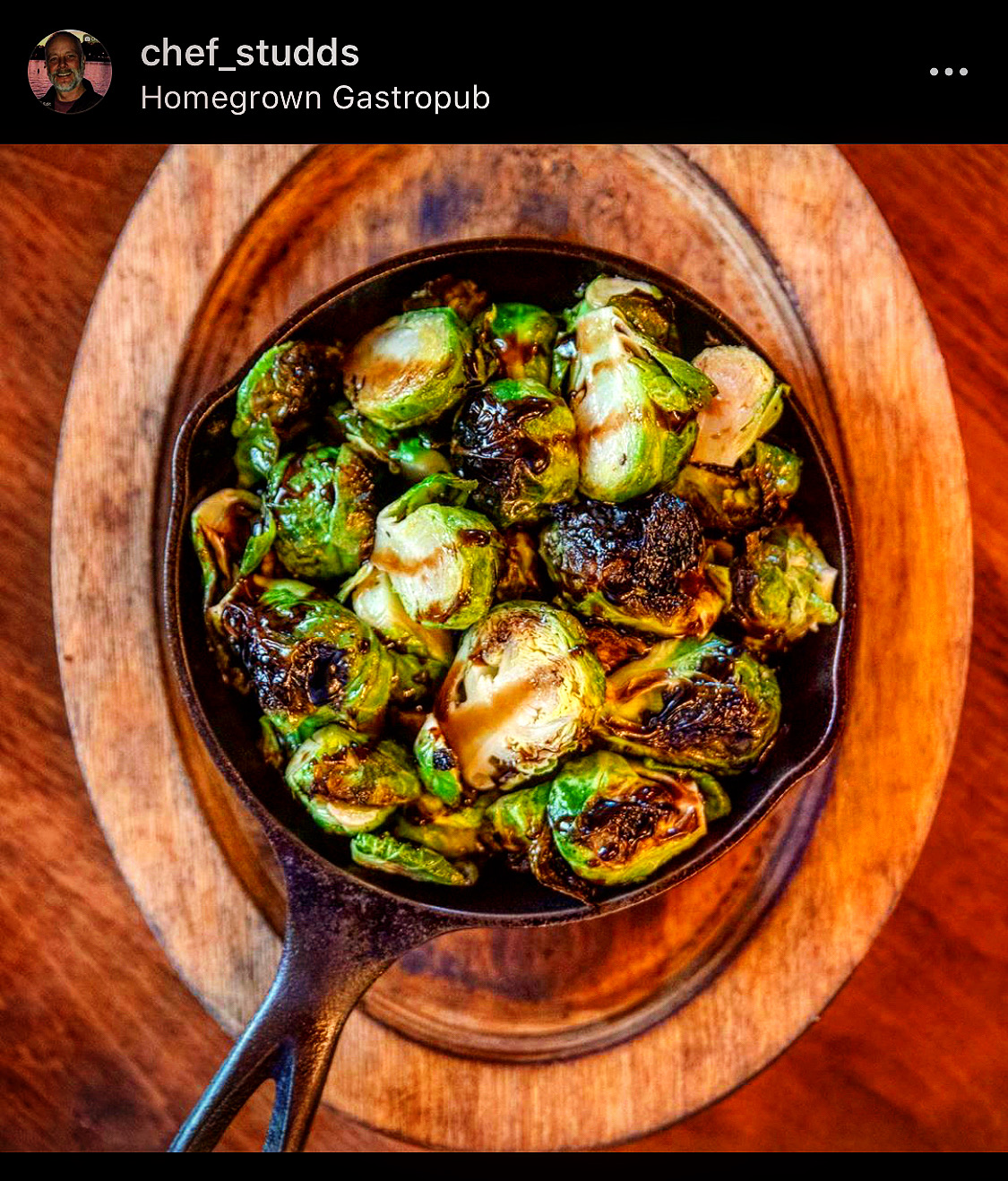 Skillet of Brick Oven Brussels Sprouts.