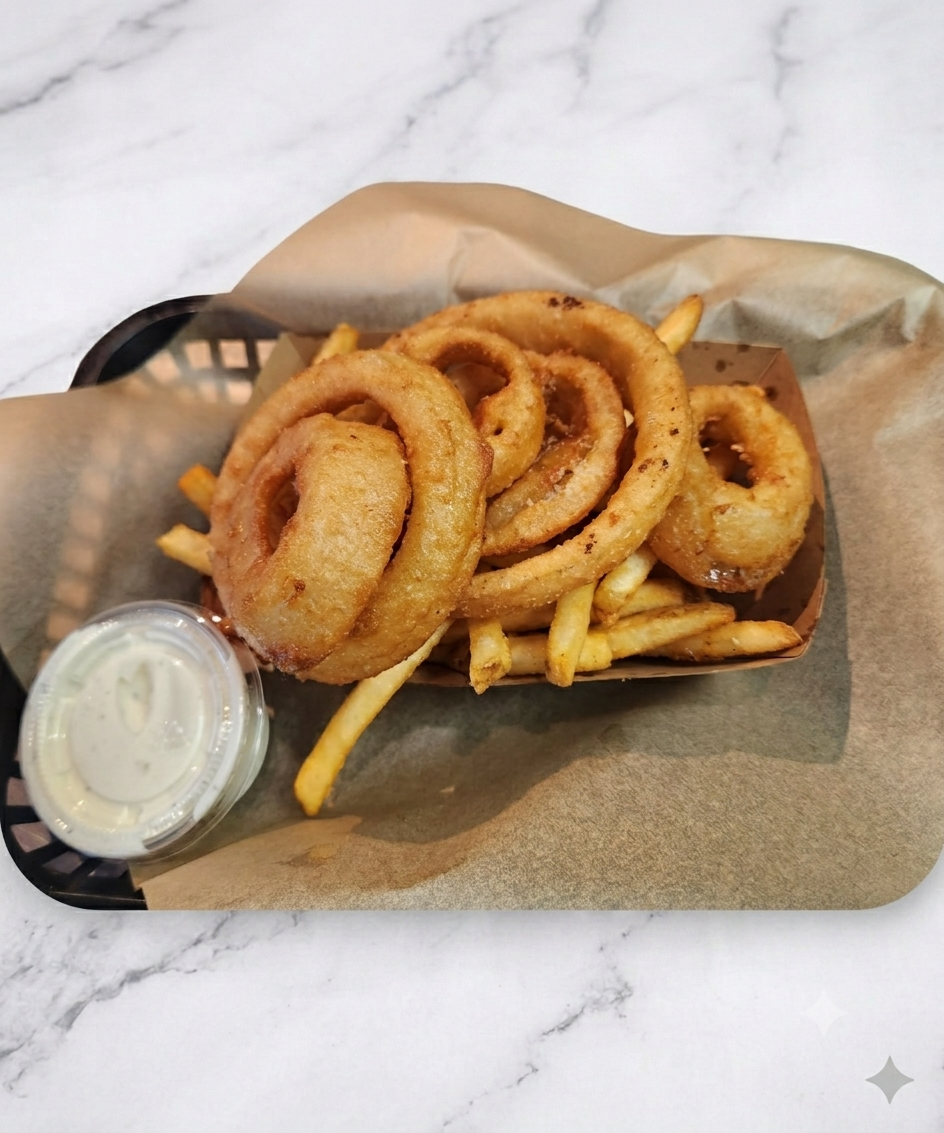 1/2 Fries & 1/2 Onion Rings.