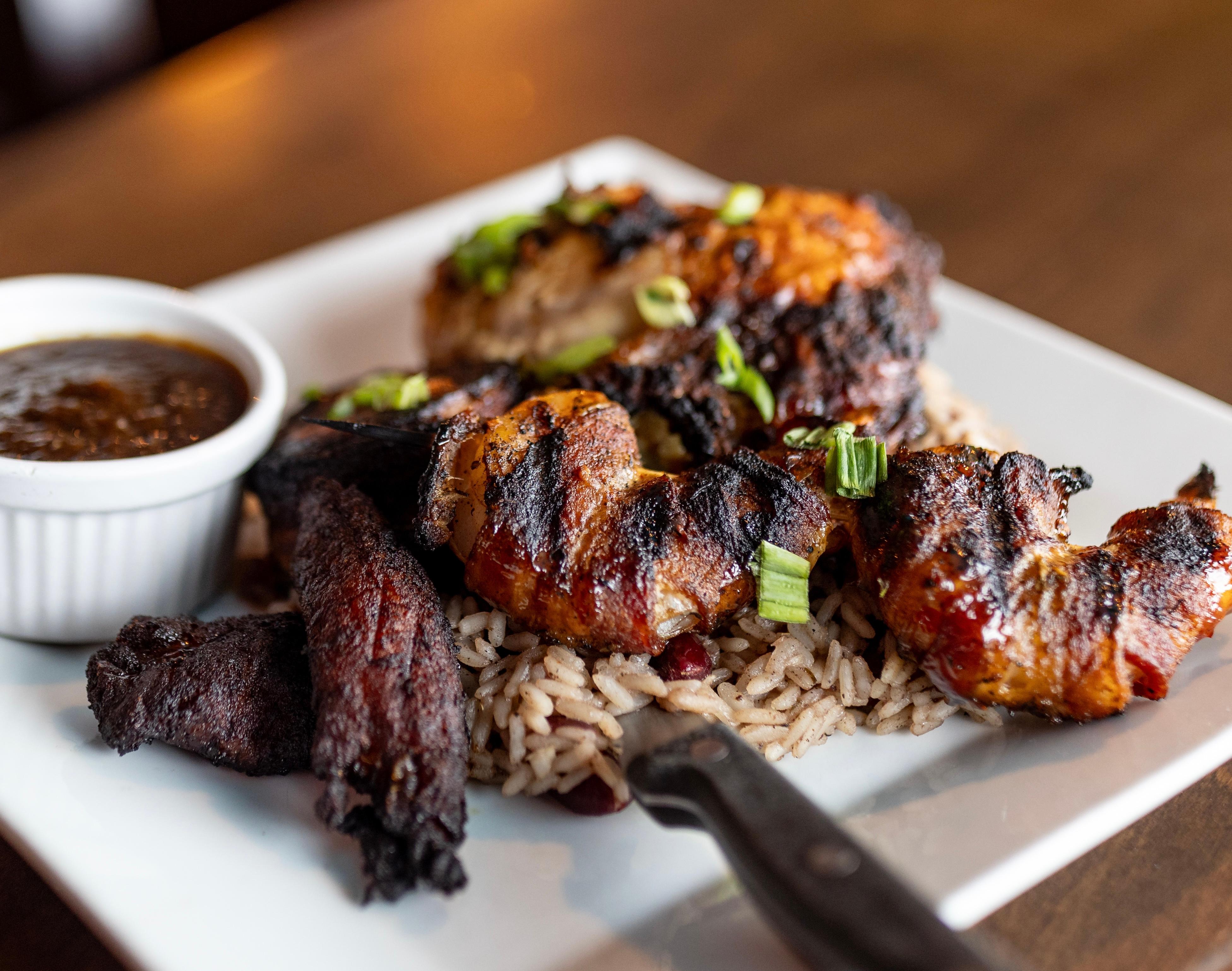 Jerk Bacon Wrapped Shrimp.