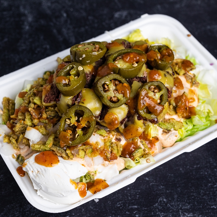 Firehouse Burger SALAD. "TEMPORARILY OUT OF CRISPY JALAPEÑOS".