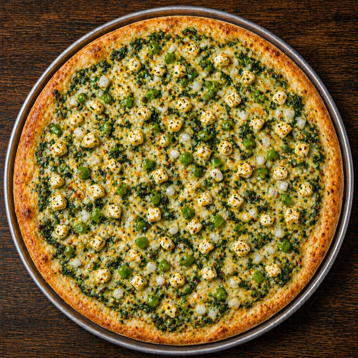 Signature Palak Paneer Pizza.