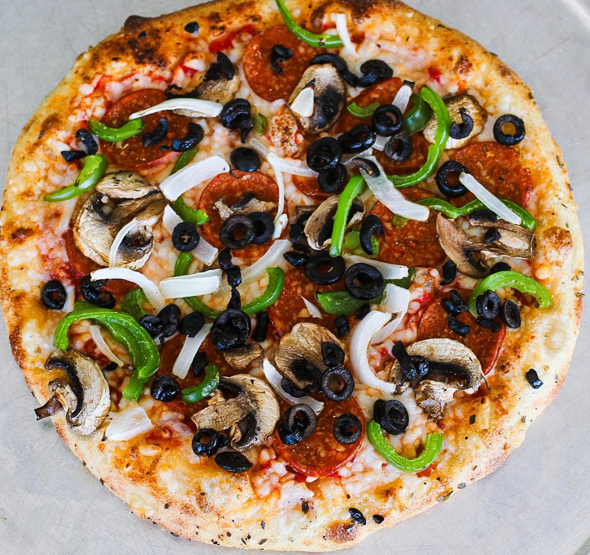 14" Vegan Jay's Supreme Pizza.