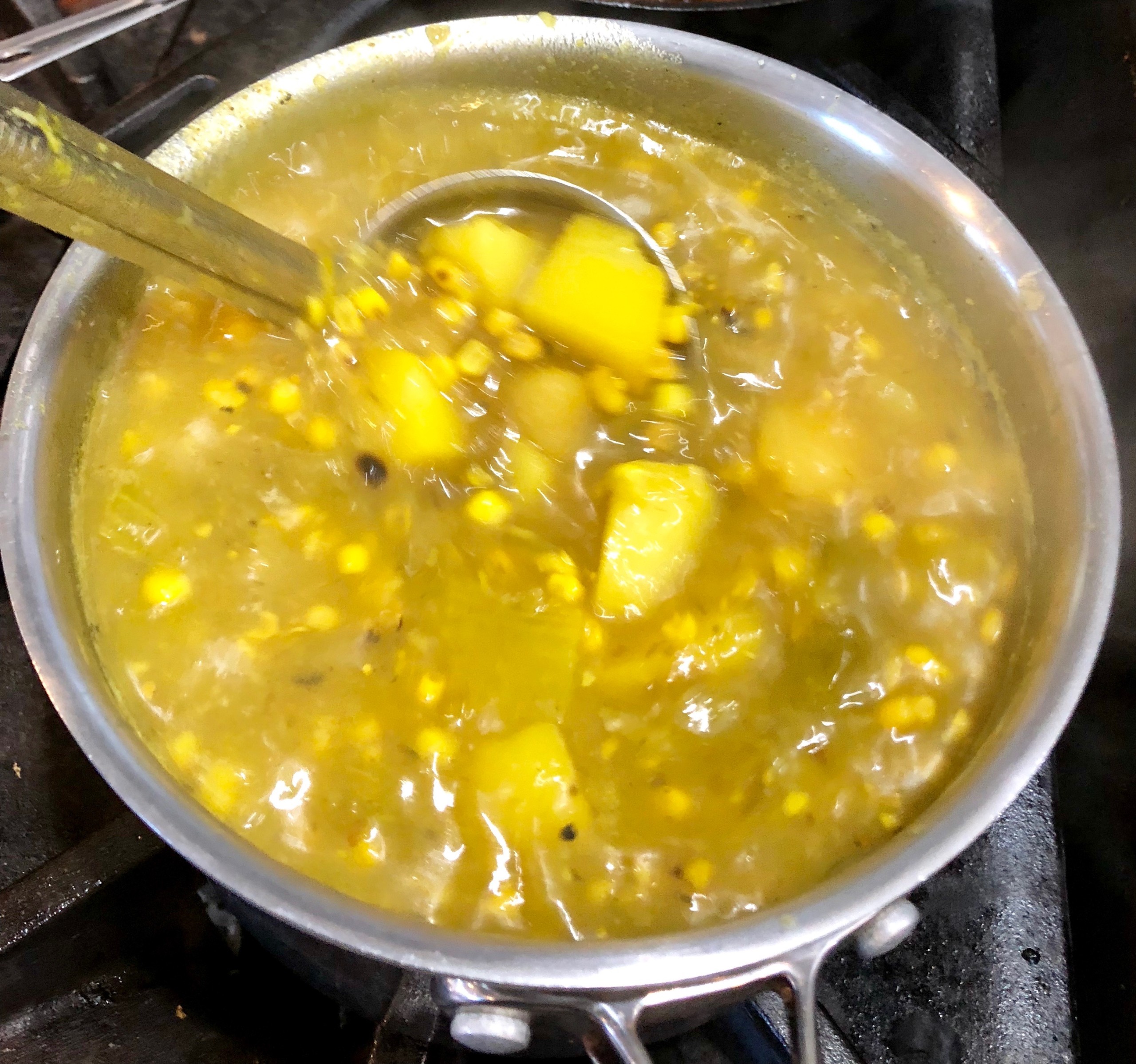 Israeli Street Corn Chowder (VG), PB cheese, Cilantro, Onions.