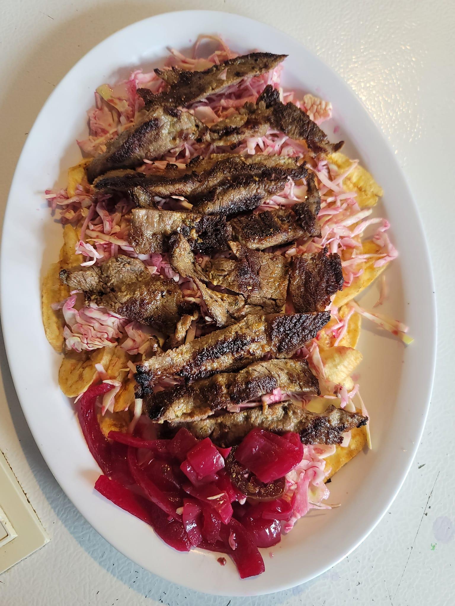 Grilled Beef with Banana Chips - Carne Asada con Tajadas.