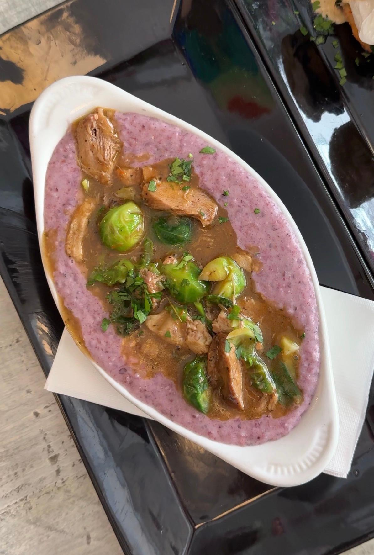 Purple Grits & Duck w/ Brussel Sprouts.