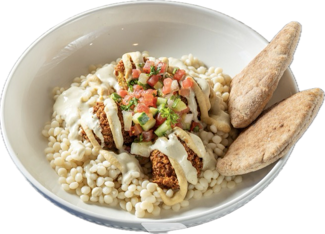 Traditional Chickpea Falafel Entree, tahini, hummus, Israeli salad, garbanzos, 1/2 pita (VG).