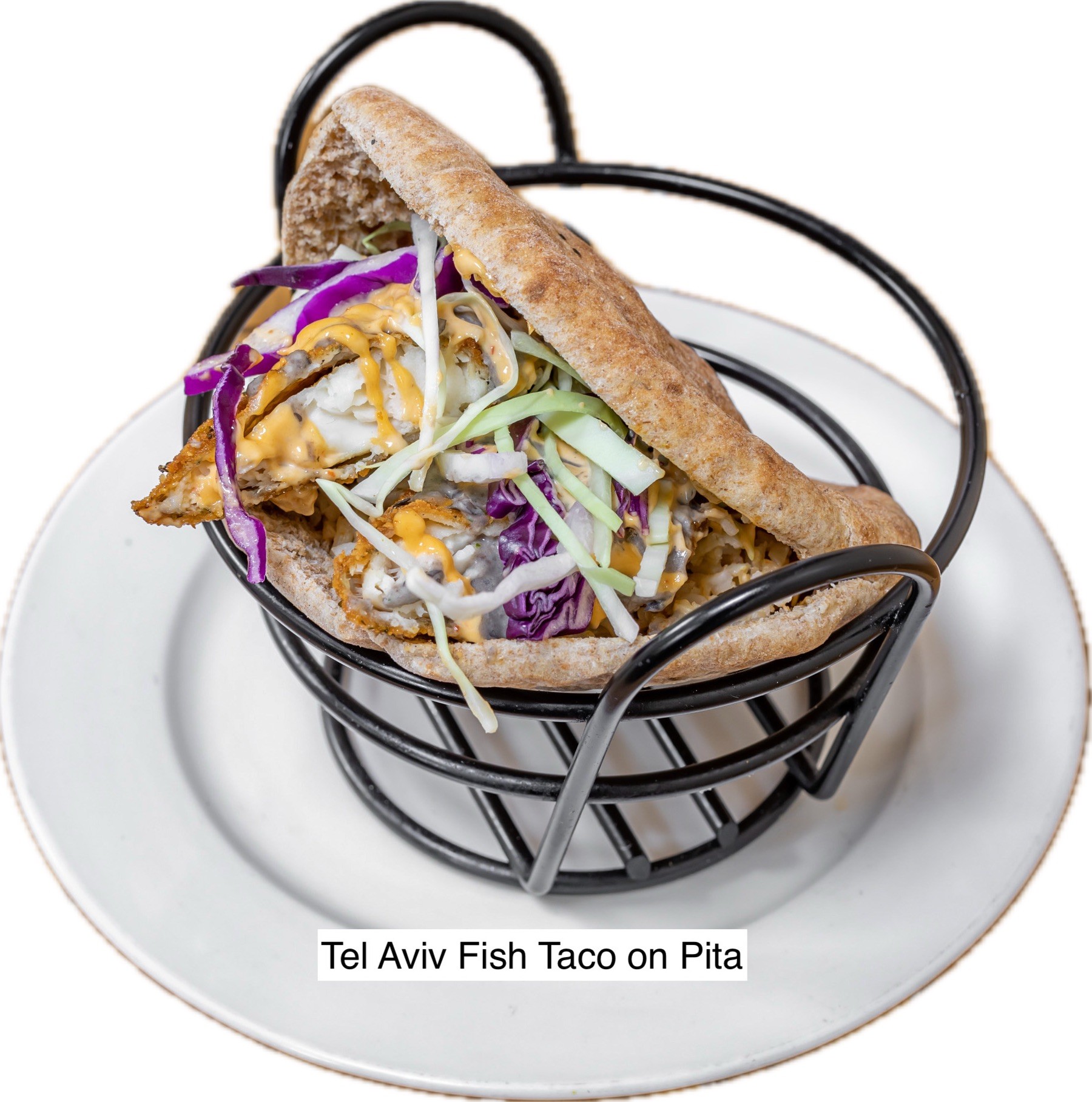Tel Aviv Fried Fish, Mexican Rice, Chipotle Mayo, Pico de Gallo, Cabbage, choice of Bread.