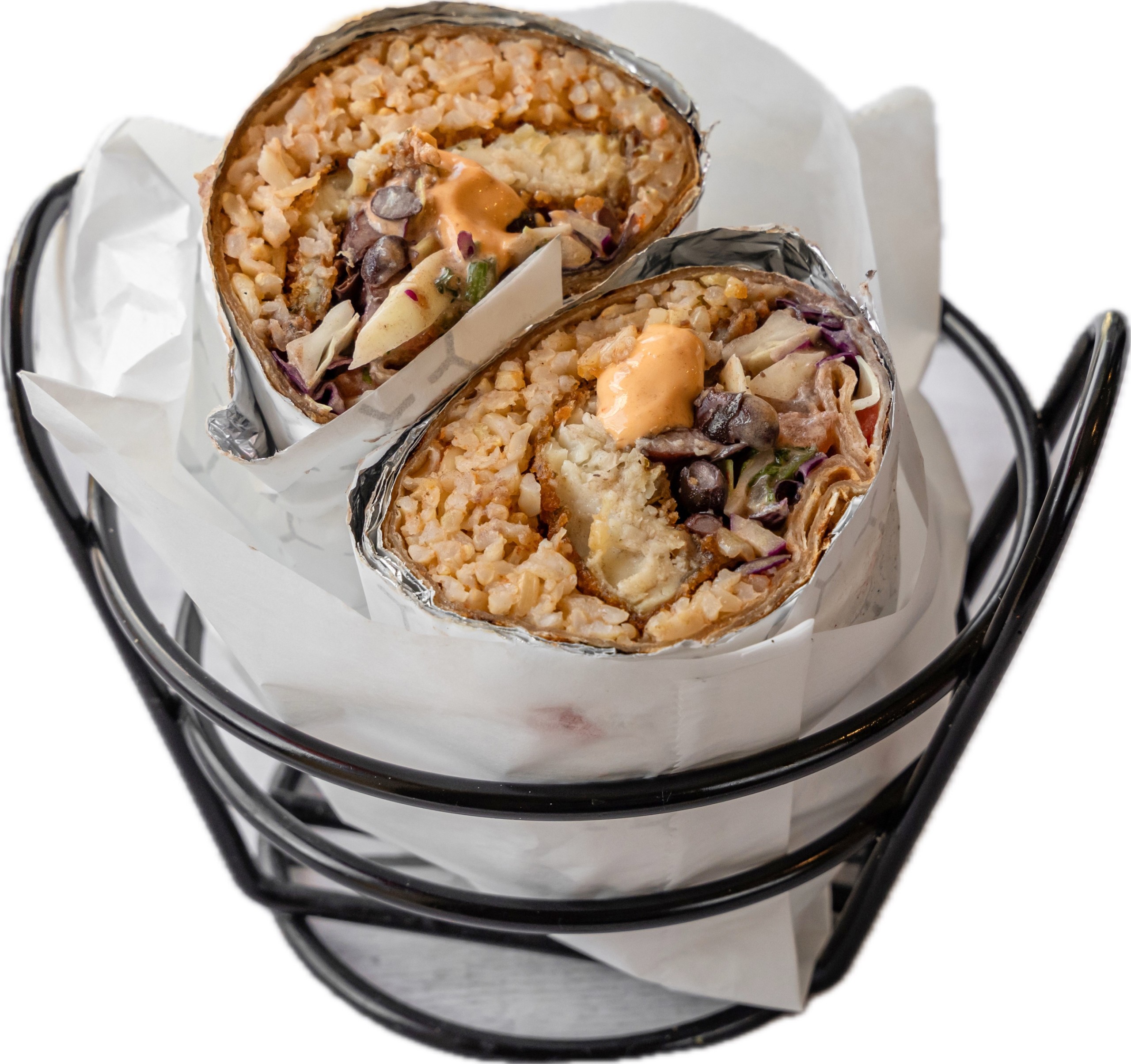 Tel Aviv Fried Fish Burrito, Mexican Brown Rice, Black Beans, Chipotle Mayonnaise, Pico de Gallo, Shredded Cabbage.