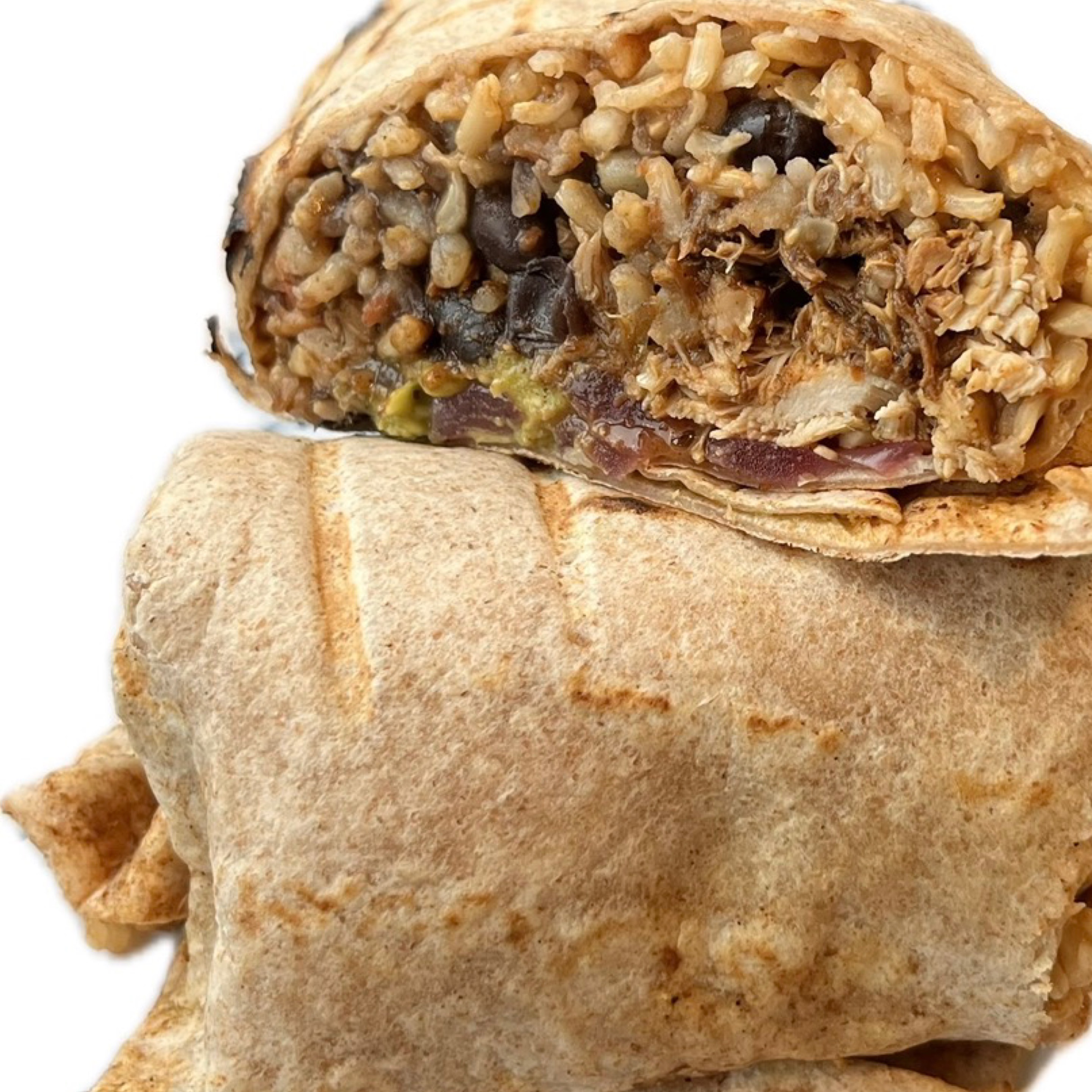 Ma Bett's Ropa Vieja Brisket Burrito, Mexican Brown Rice, Black Beans, Roasted Tomato Salsa, Zhug Mayo, Cilantro, Pickled Onions.