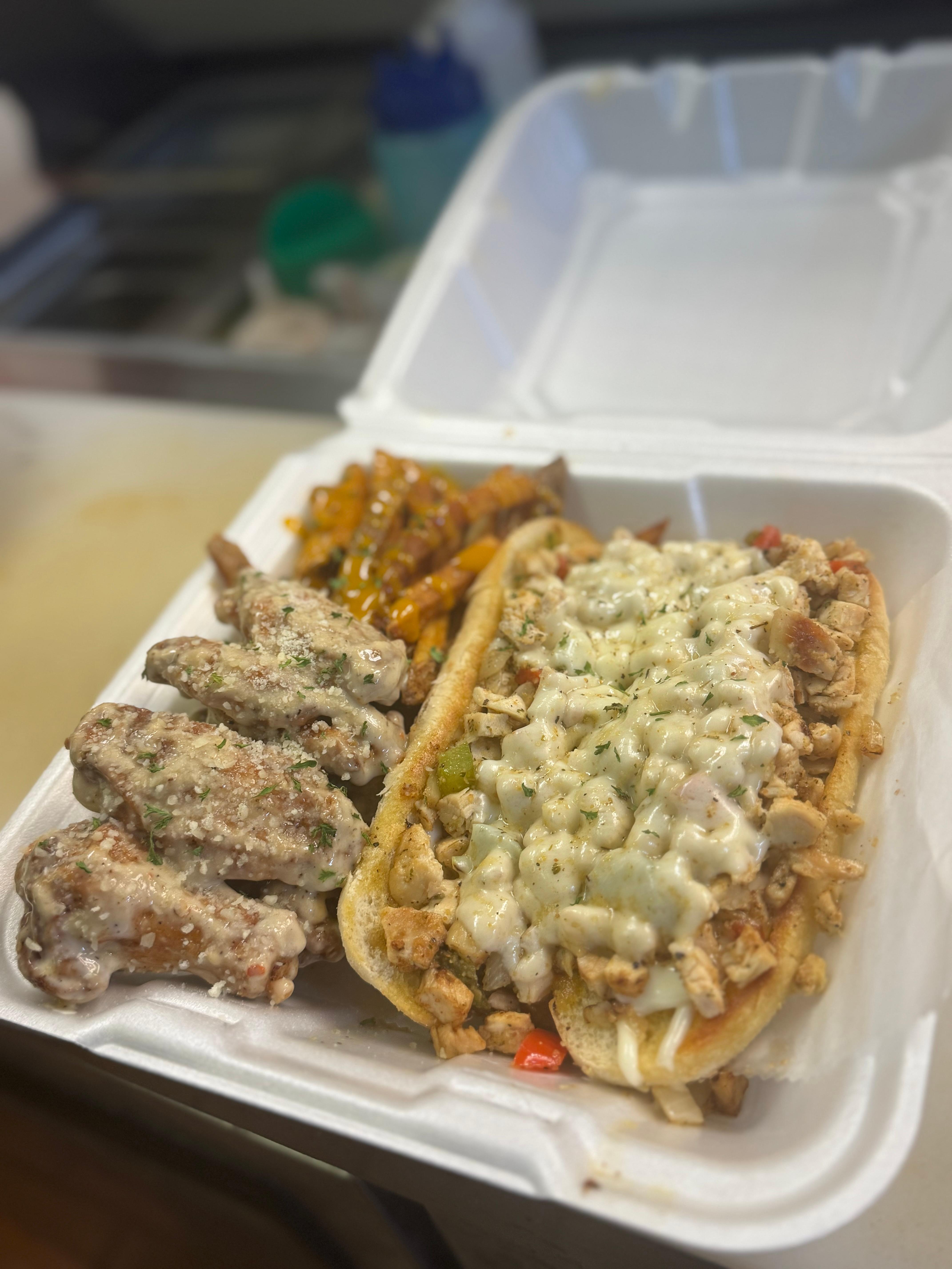 Chicken Philly, 6 Wing Combo & Fries.