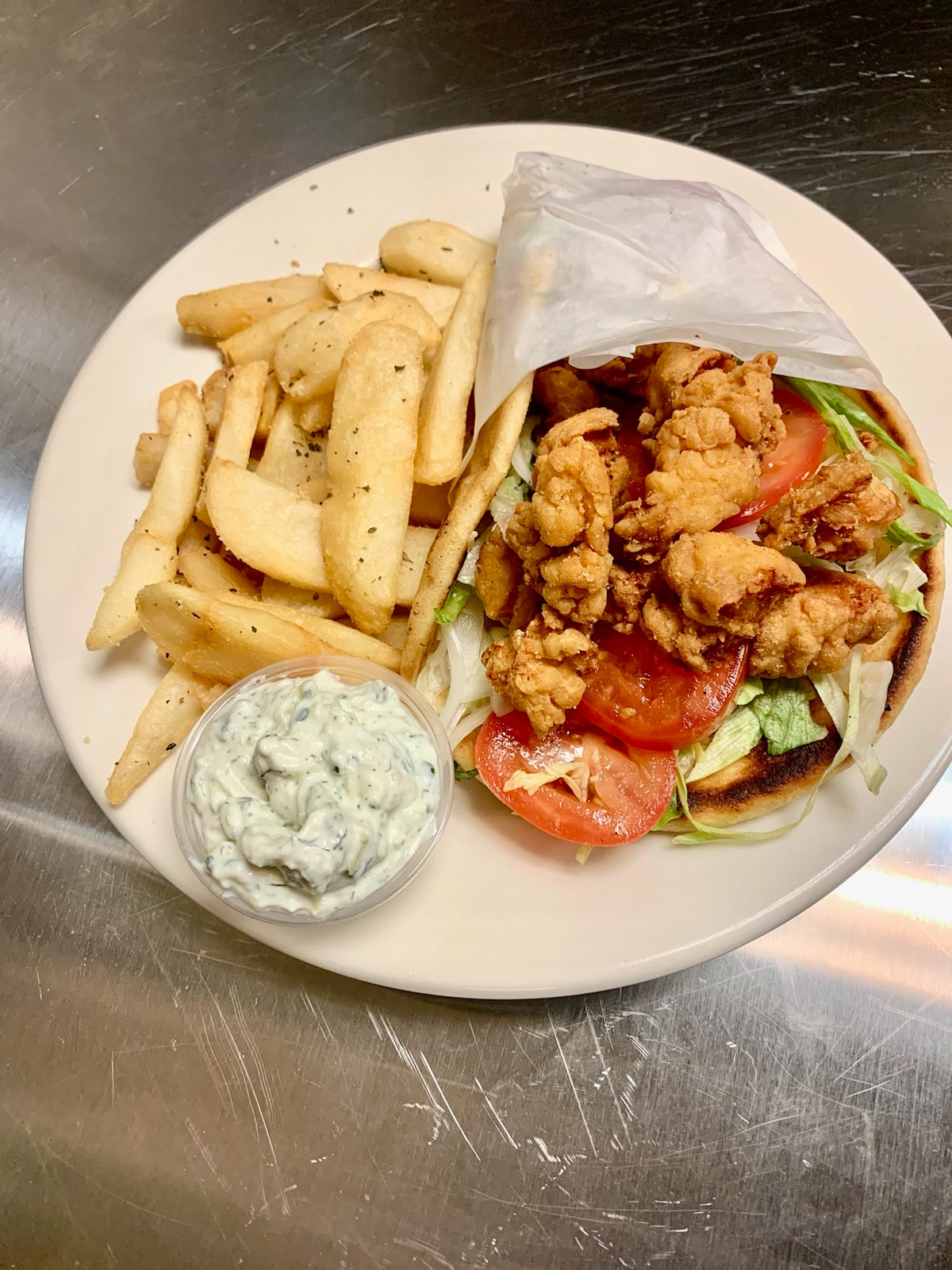 Crispy Chicken Pita (add $4 for Fries).