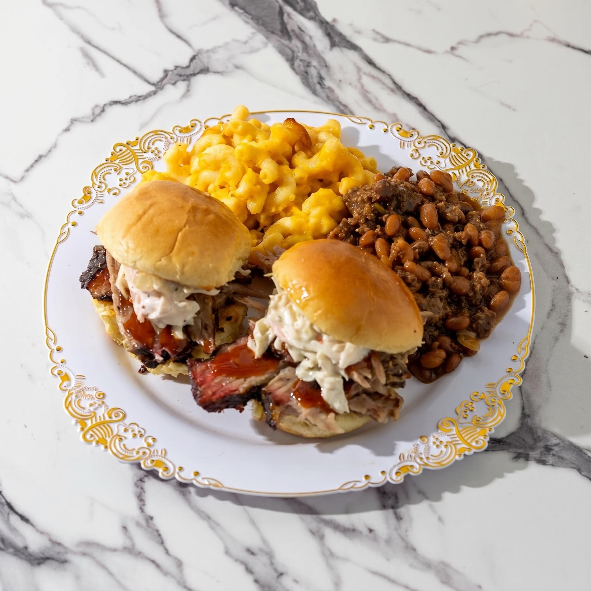 2 Pulled Pork Tacos or Sliders with Two Sides.
