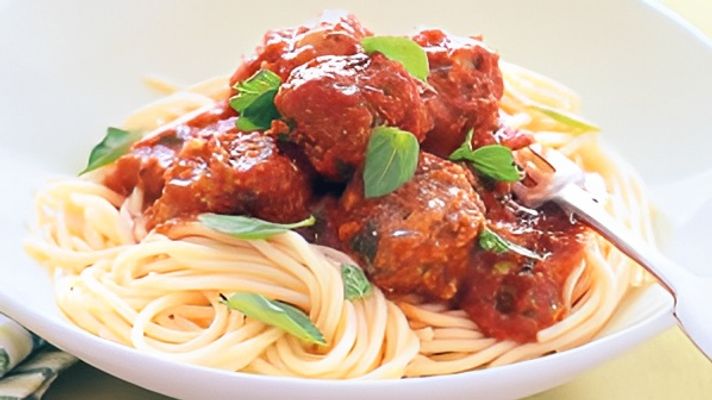 Spaghetti with Meatballs with Bread Sticks.