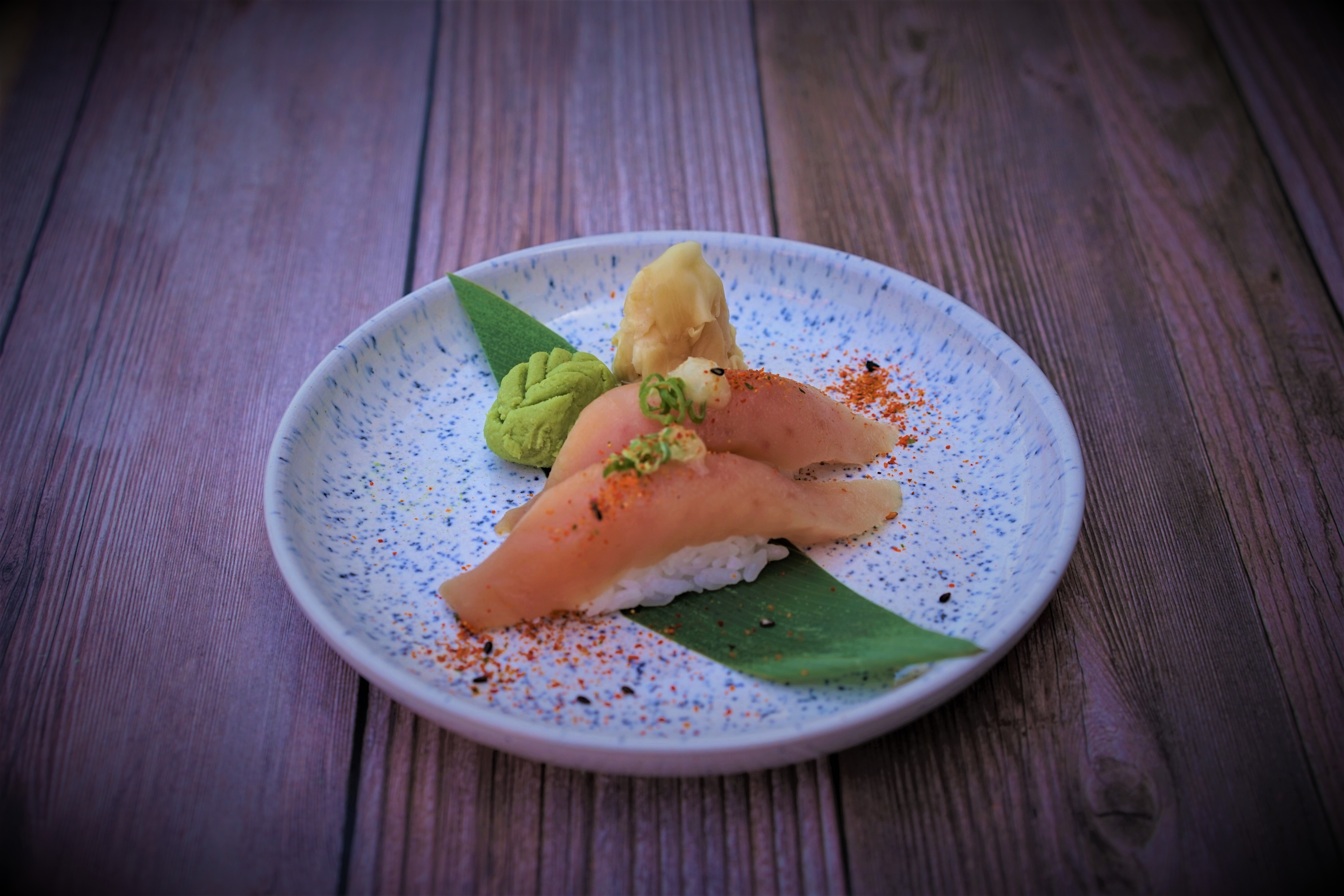 Spicy Garlic Albacore Tataki Sushi.