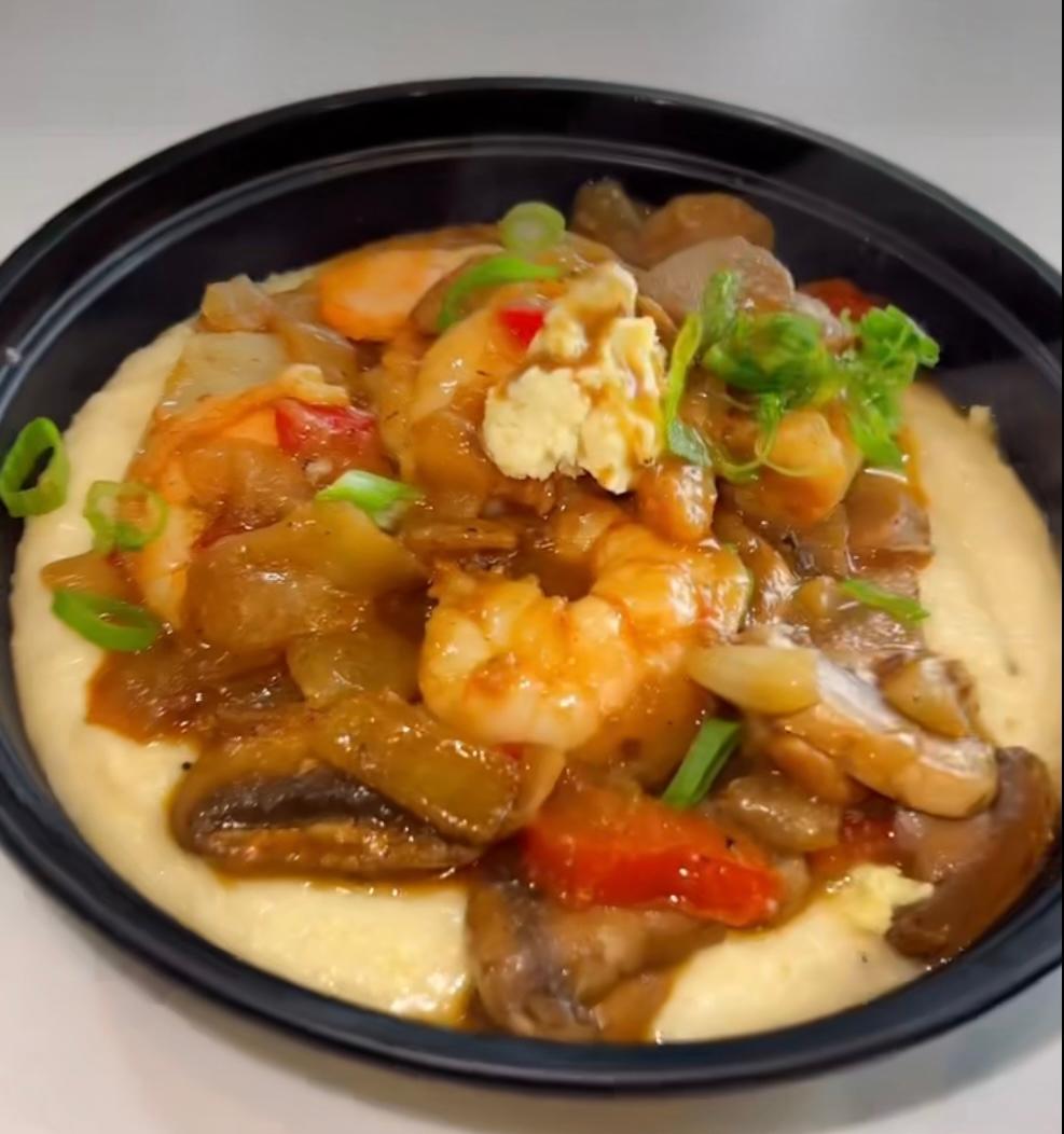 SHRIMP AND SAUSAGE  DIRTY GRITS.