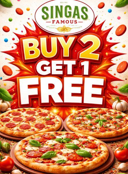 Buy 2 Personal Pizzas W/ Toppings Get 1 Personal Pizza Free.