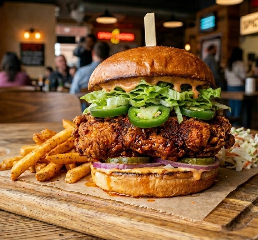 Bae's Hot Chicken Sandwich (Am Cheese, Coleslaw, Pickles, Jalapeños & Inferno Sauce).