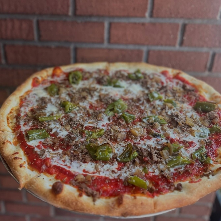 Upside Down Cheesesteak Pizza.