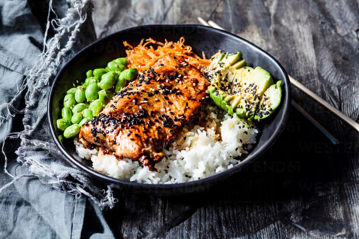 Salmon Rice Bowl With Bourbon Glazed.
