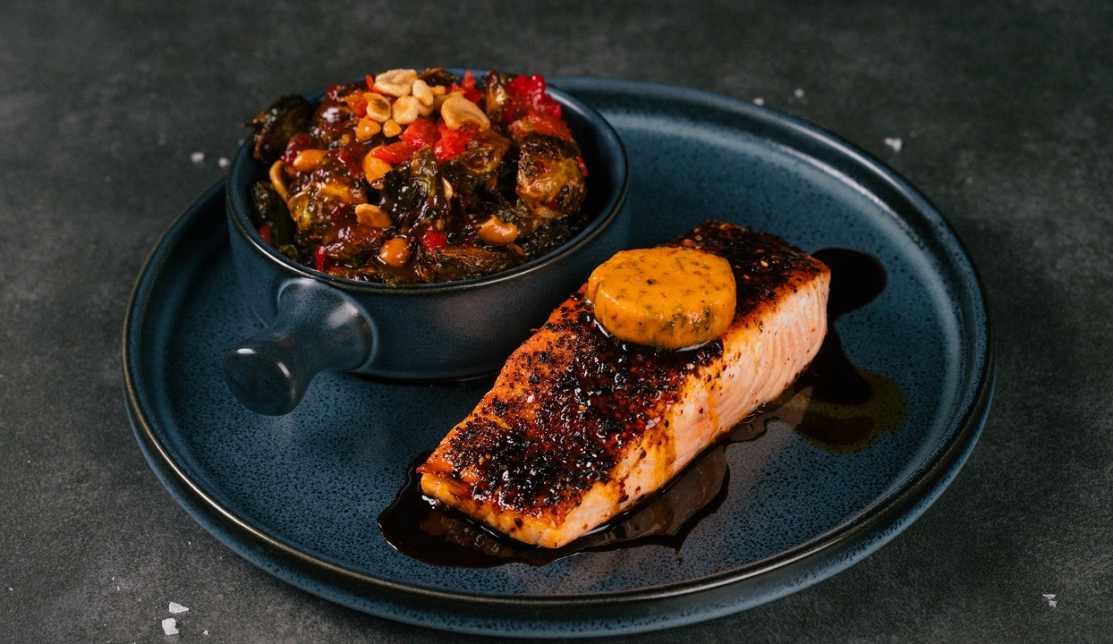 MISO GLAZED TOGARSHI SALMON.