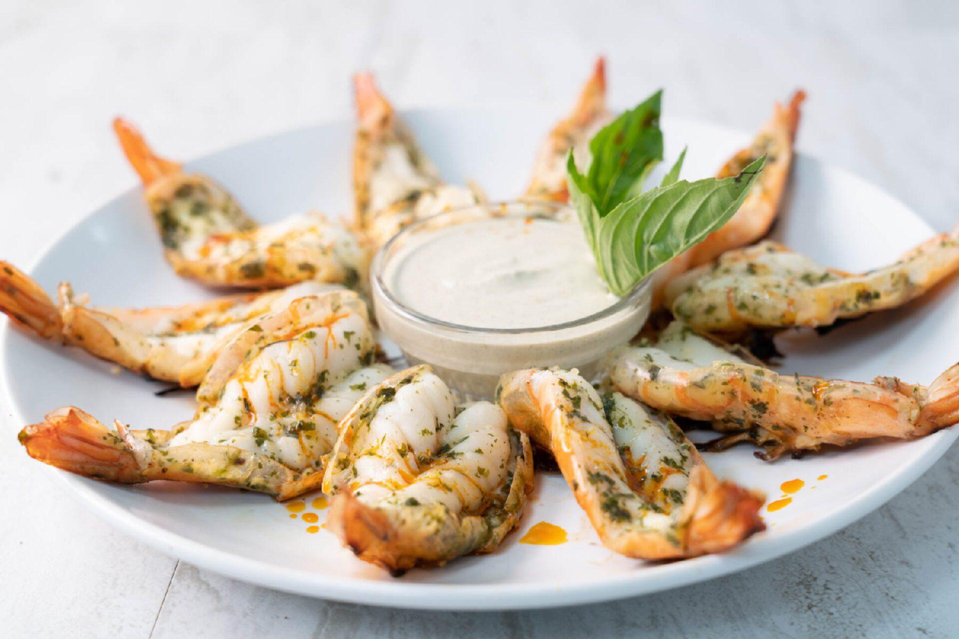 OVEN-GRILLED BUTTERFLIED SHRIMP (10pcs) & GARLIC DIP.
