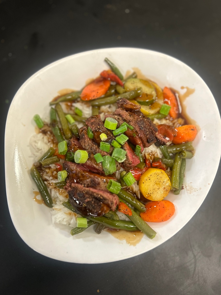 Bourbon Glaze Steak Rice Bowl.