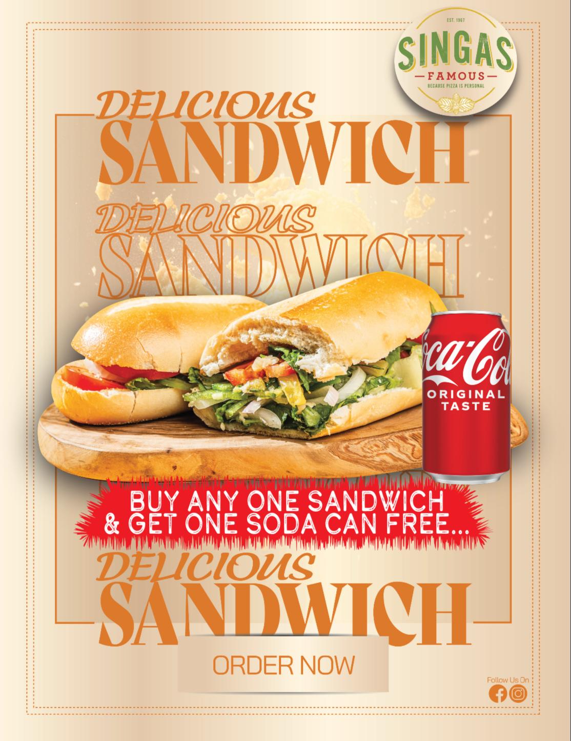 Free Soda Can with any Sandwich.