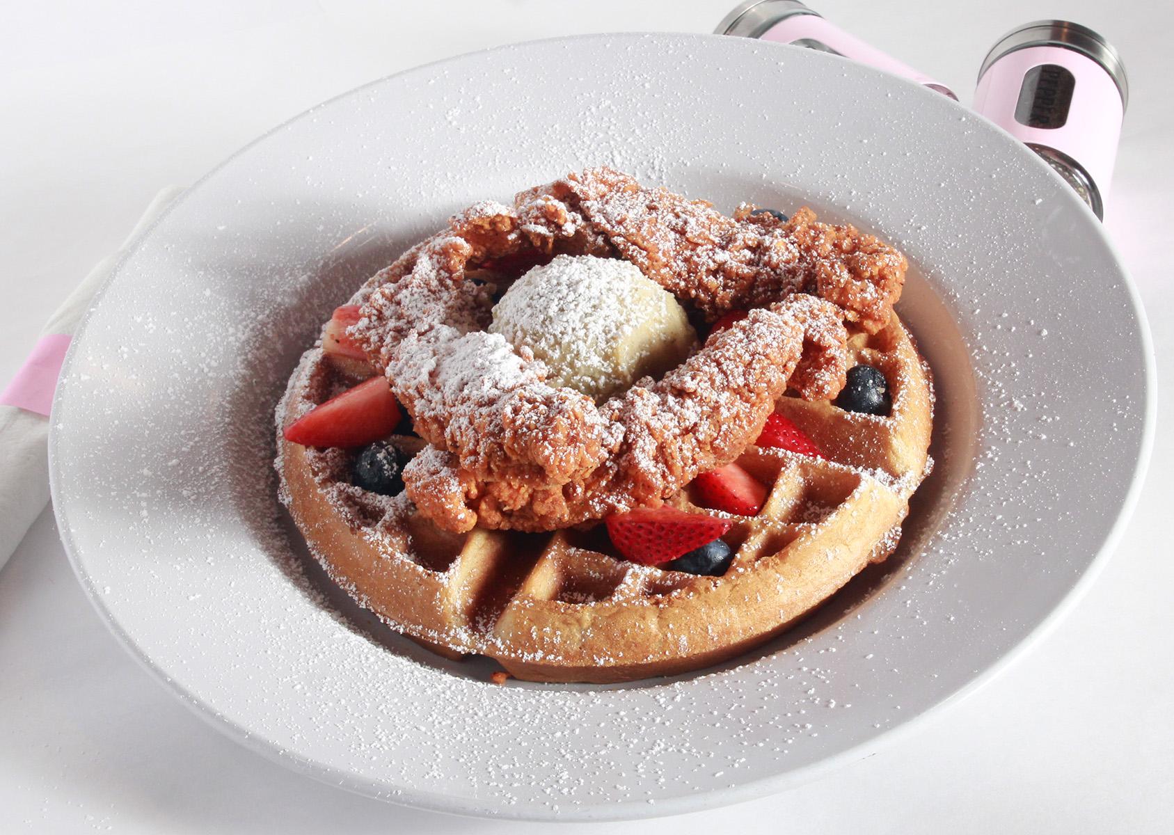 Chicken Tender & Sweet Potato Waffles.