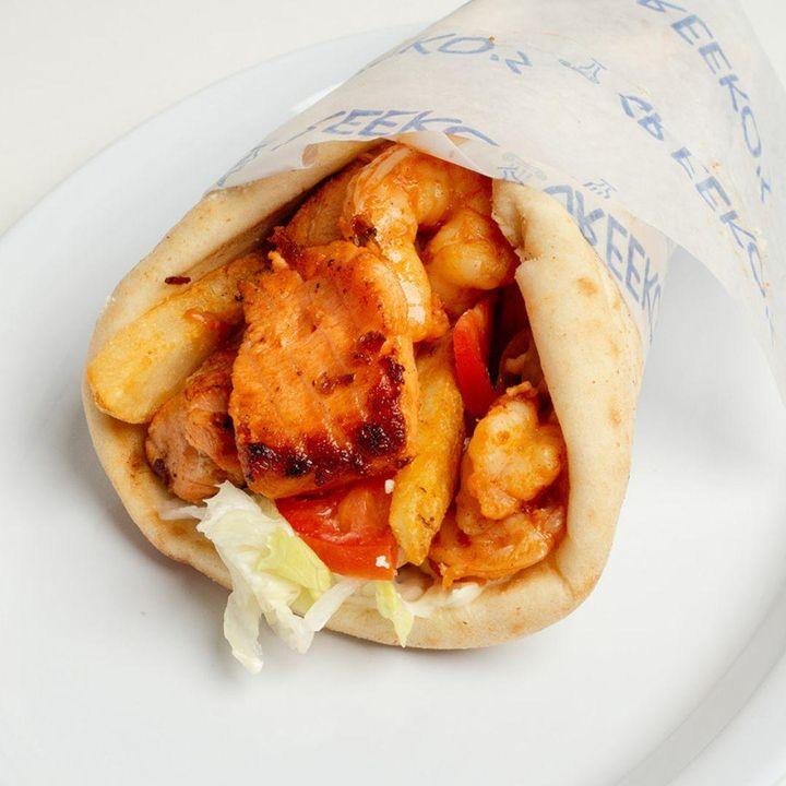 Giant Shrimp and Salmon Pita.