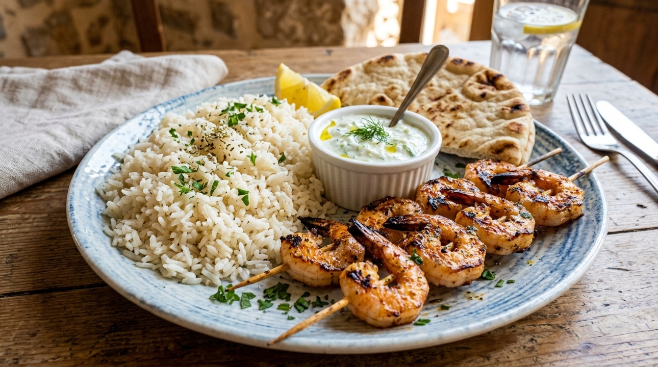 SHRIMP SOUVLAKI ENTREE.