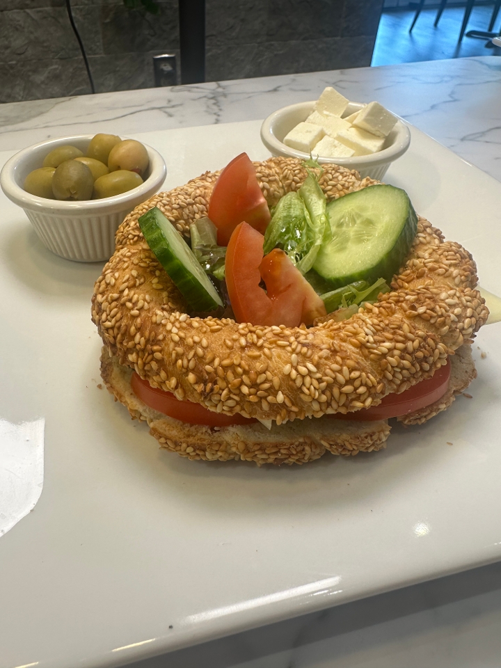 Simit (Turkish Bagel) Breakfast Sandwich.