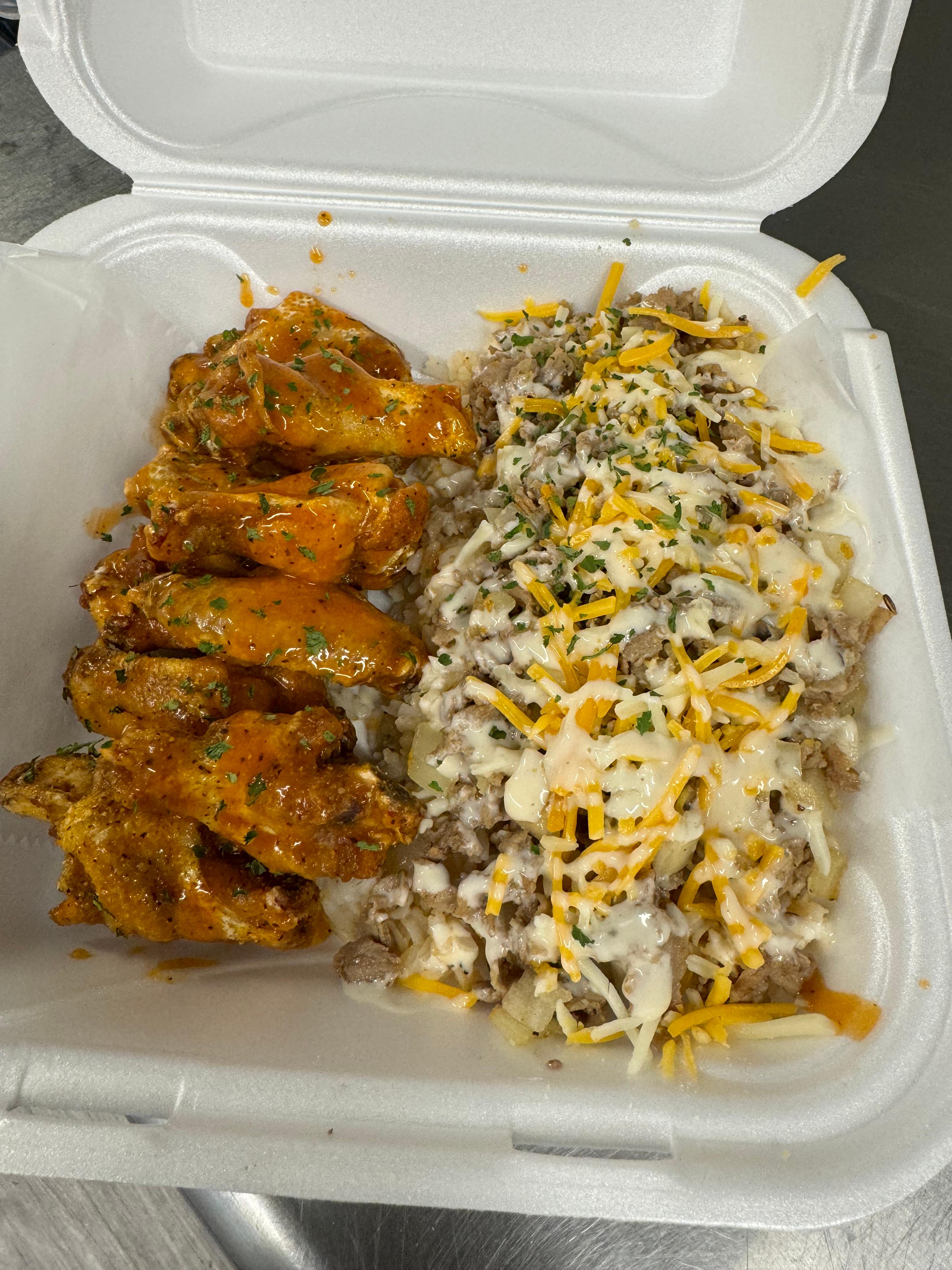 Steak Rice & 6 Wings.